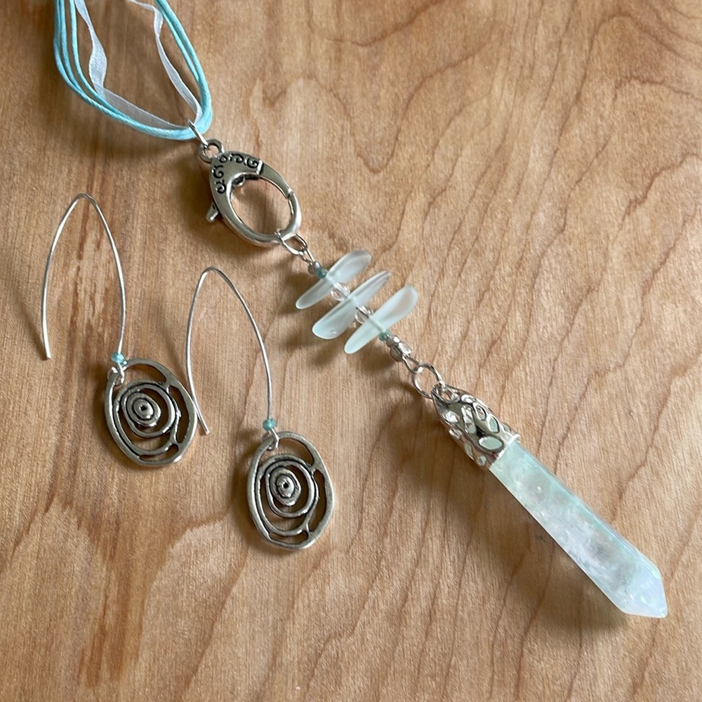 Quartz Green Aura and Sea Glass Ribbon Necklace with Crystal Pendant + Earrings
